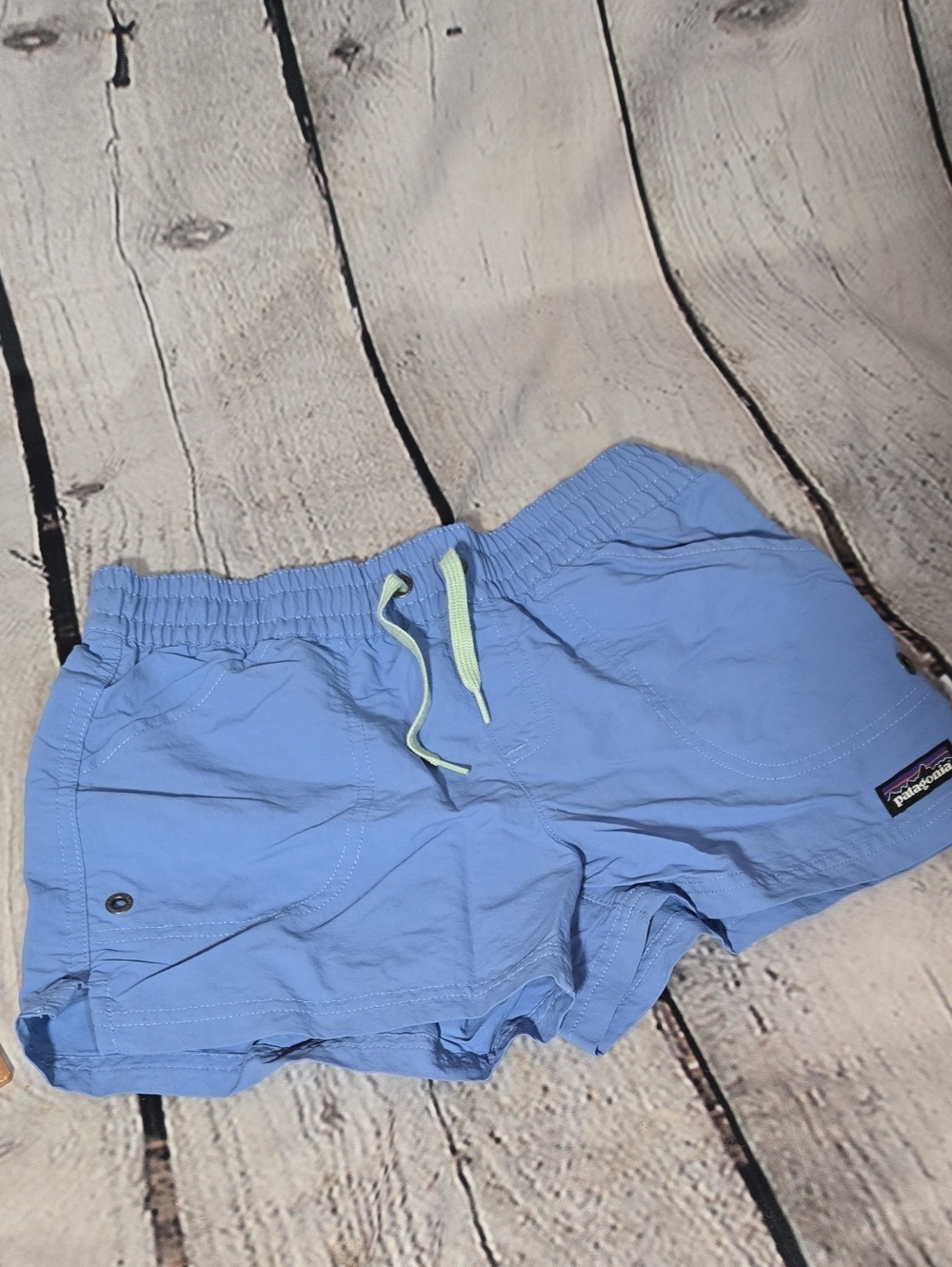 Patagonia Light Blue Swim Shorts with Mint Drawstring